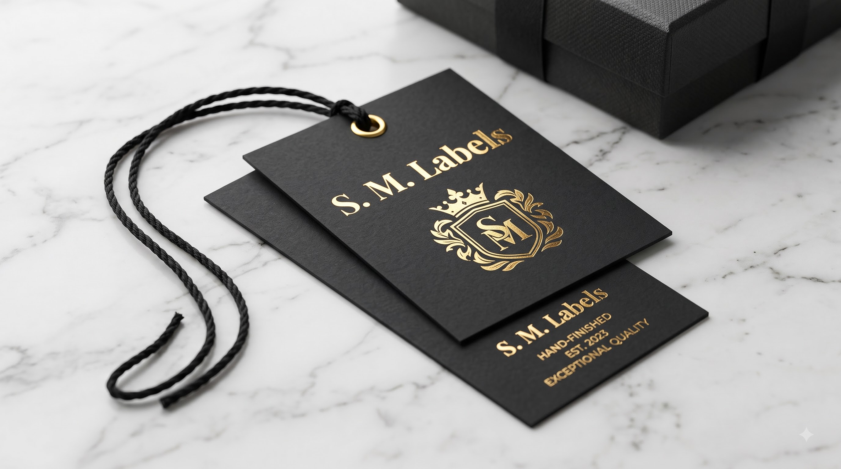 Luxury garment hang tags with foil stamping on marble surface