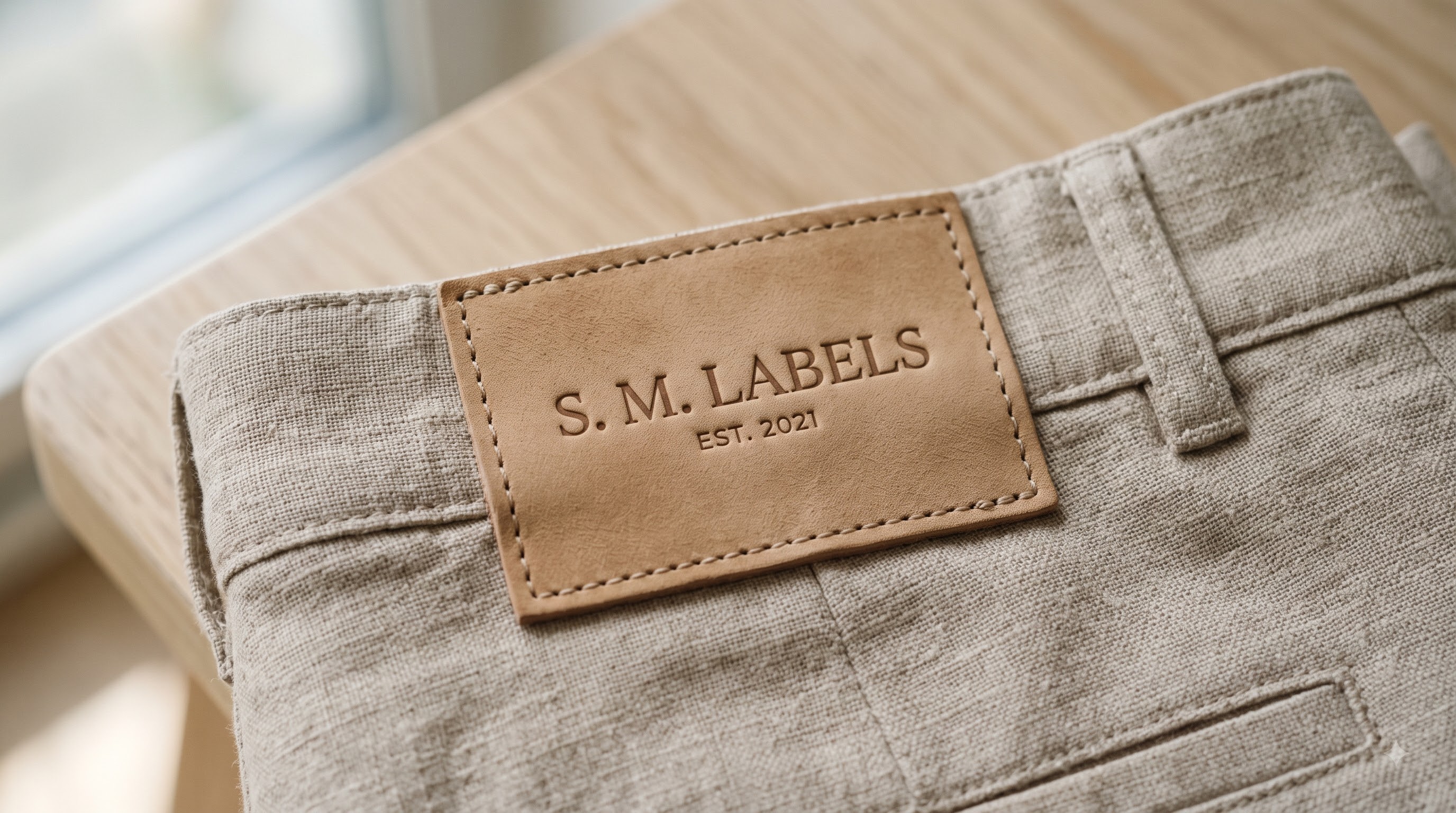 Debossed PU synthetic leather label on trousers