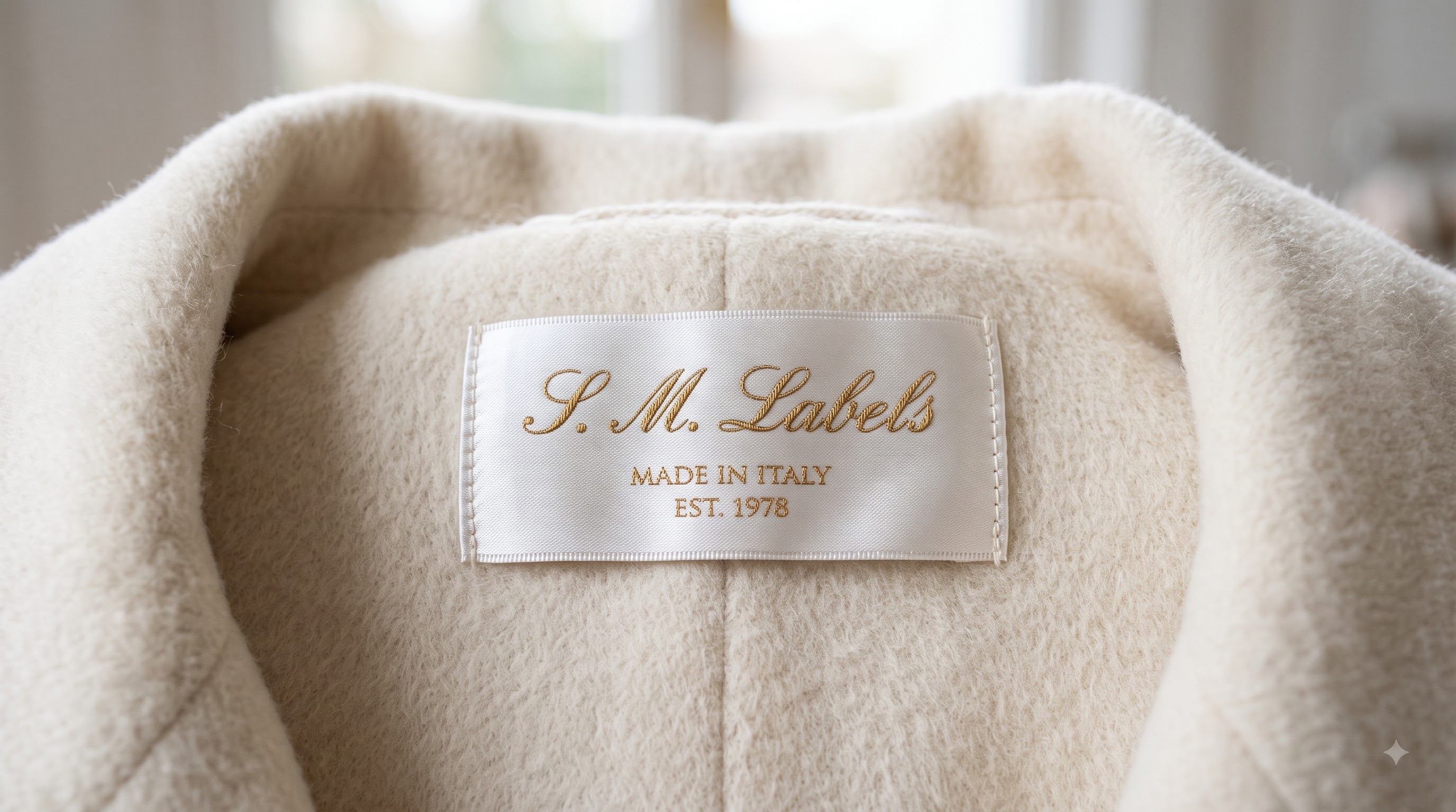 Smooth satin clothing label on cashmere coat